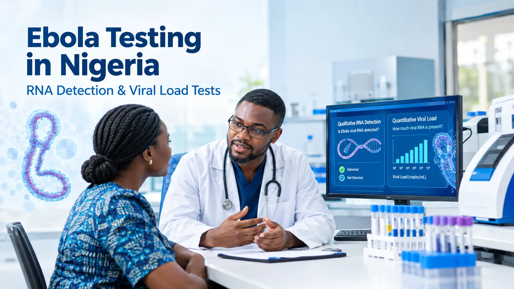 Ebola testing in Nigeria with RNA detection and viral load analysis in a medical laboratory.