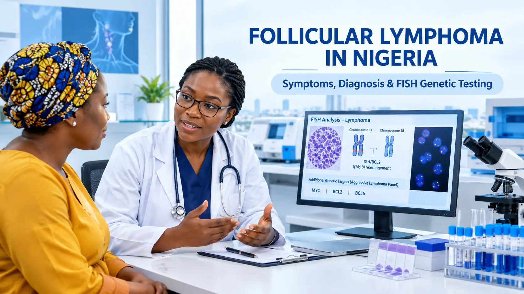 Nigerian patient consulting a doctor in a modern medical clinic, with a computer screen displaying follicular lymphoma IGH/BCL2 t(14;18) FISH genetic testing information.