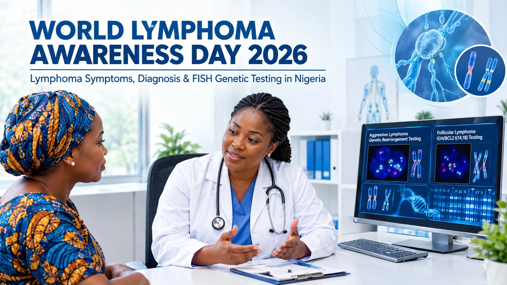 World Lymphoma Awareness Day 2026 featuring a Nigerian patient consulting a haematologist about lymphoma diagnosis and FISH genetic testing.