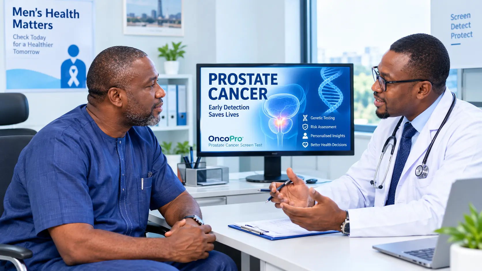 Nigerian man discussing prostate cancer screening with a doctor in a modern healthcare clinic