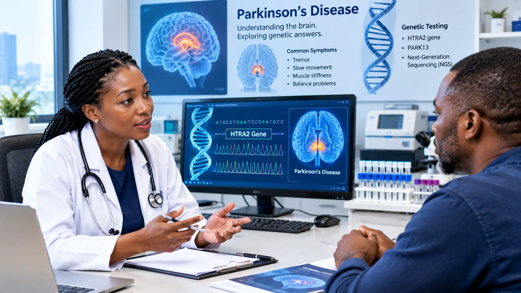 Black African patient discussing Parkinson’s disease and HTRA2 genetic testing with a neurologist in a modern Nigerian healthcare setting