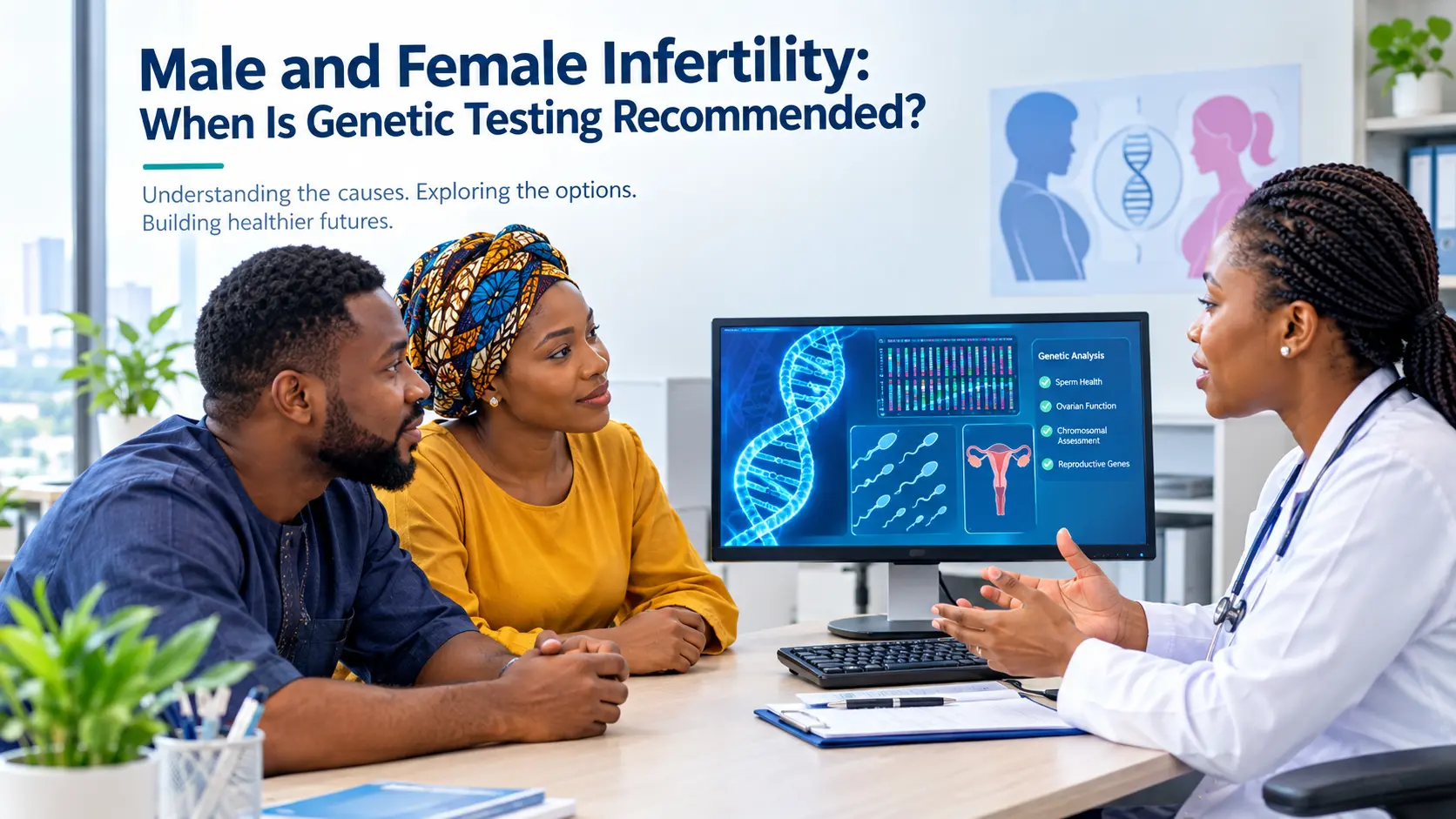 Nigerian couple discussing male and female infertility and genetic testing with a fertility specialist in a modern clinic