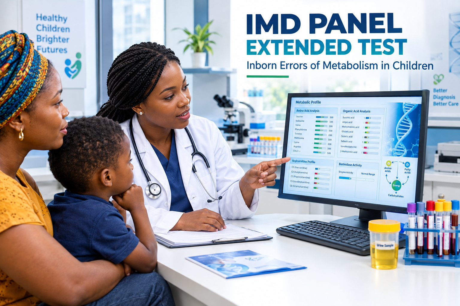 Nigerian child and parent consulting a doctor about IMD Panel Extended Testing for inborn errors of metabolism