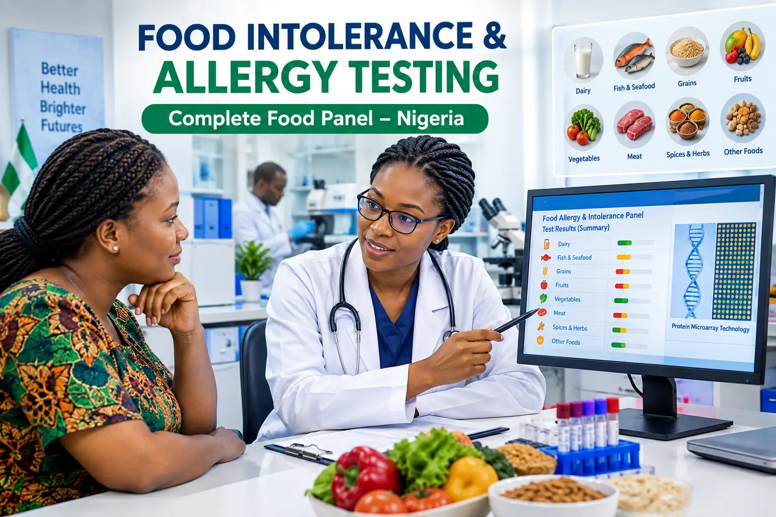 Nigerian patient consulting a doctor about food intolerance and allergy testing with a complete food panel