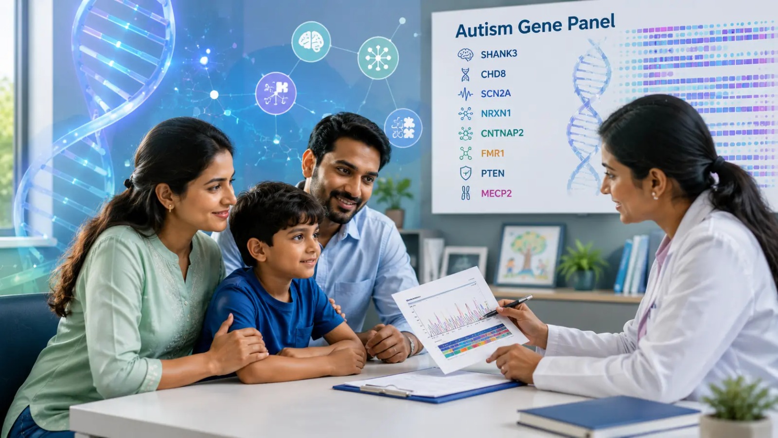 Indian child with parent and genetic counselor discussing autism gene panel testing in a modern healthcare setting.