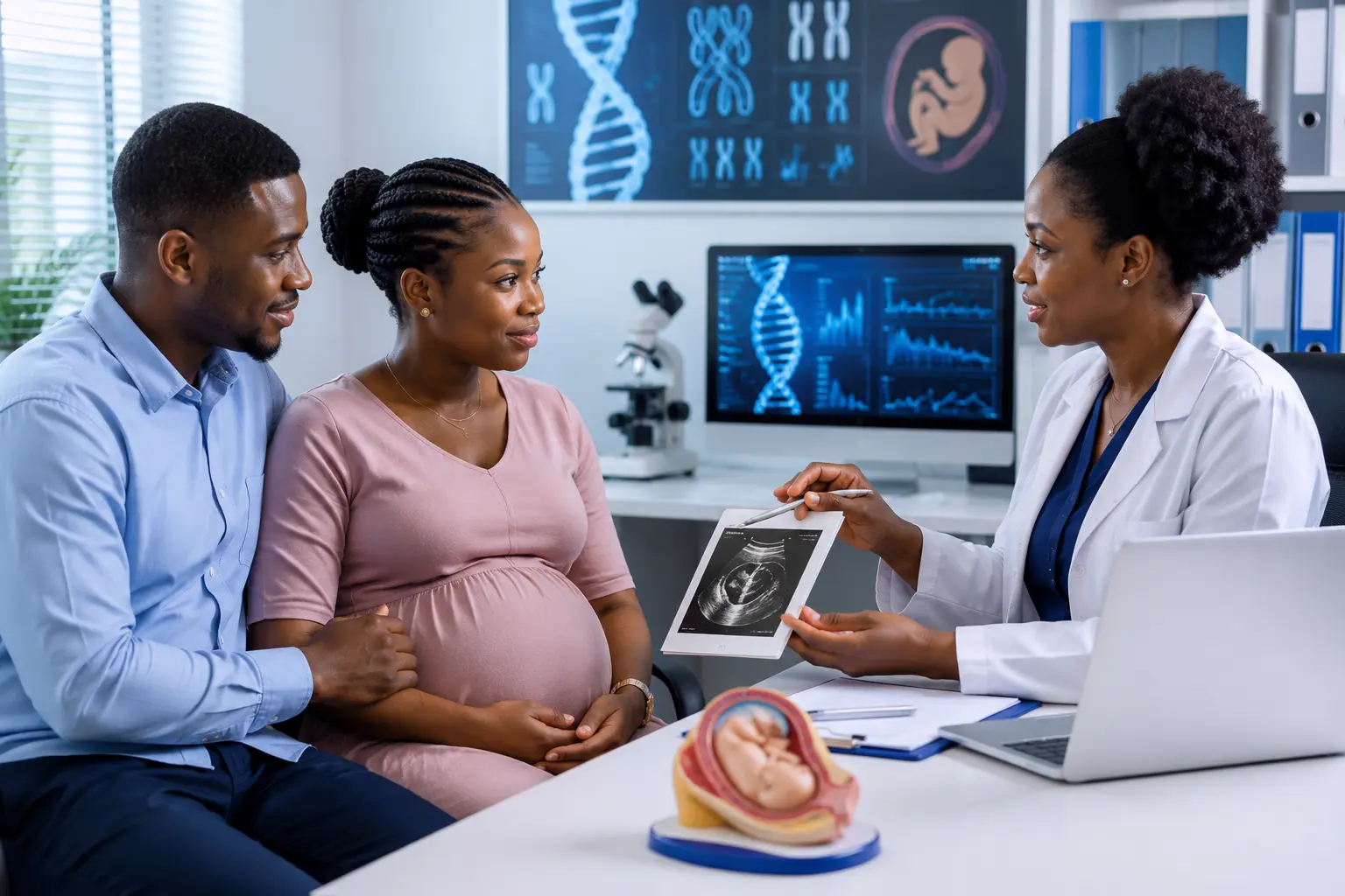 Pregnant Nigerian couple receiving counselling about prenatal sickle cell genetic testing from a female healthcare professional.