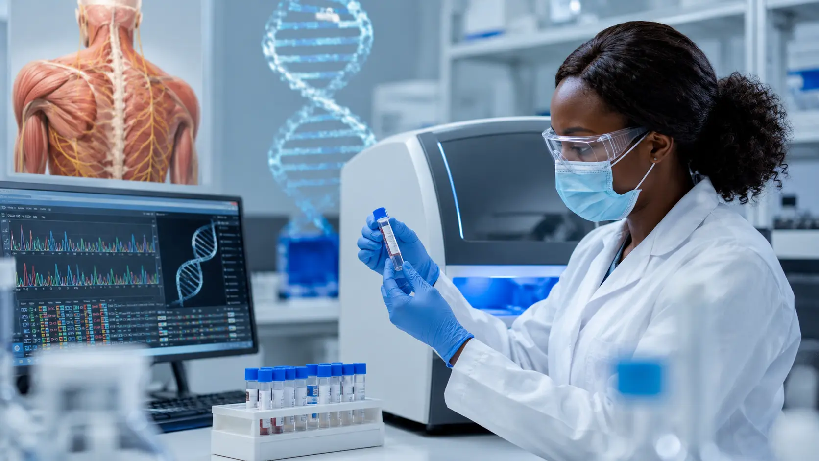 Scientist handling a DNA sample during SMN1 genetic testing for spinal muscular atrophy in a molecular genetics laboratory